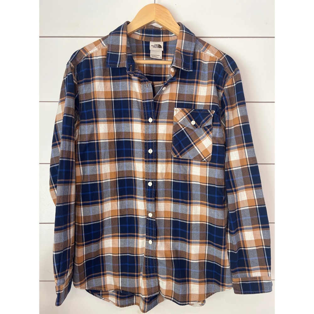 The North Face Womens Blue Tan Plaid Cotton Button Down Shirt Large gorpcor
